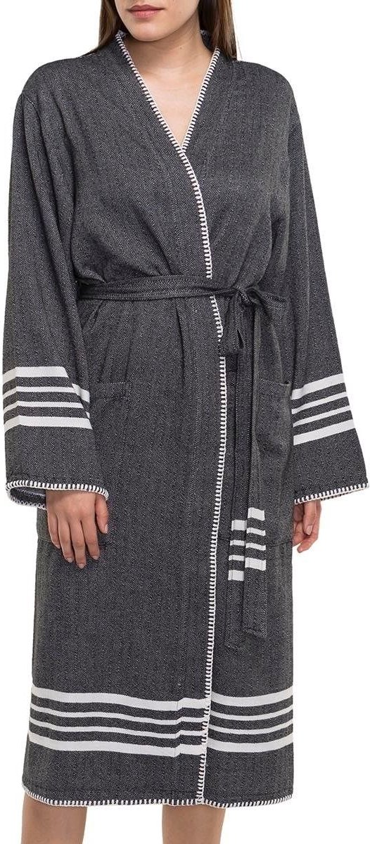 Lalay - hamam badjas Krem Sultan - black - S - dames heren badjas - sauna badjas - dunne badjas - 100% gekamd katoen