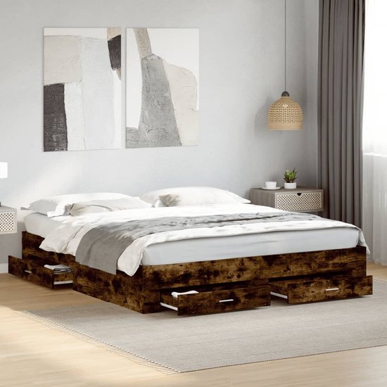 vidaXL - Bedframe - met - lades - bewerkt - hout - gerookt - eikenkleurig - 200x200 - cm
