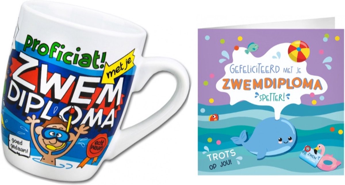 Zwemdiploma gehaald cartoon mok en XL gefeliciteerd kaart Greeting kaart