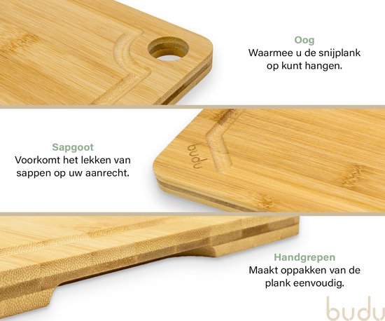 Bamboe snijplank met sapgoot en handgrepen, merk 'budu'. 37 x 25 cm.