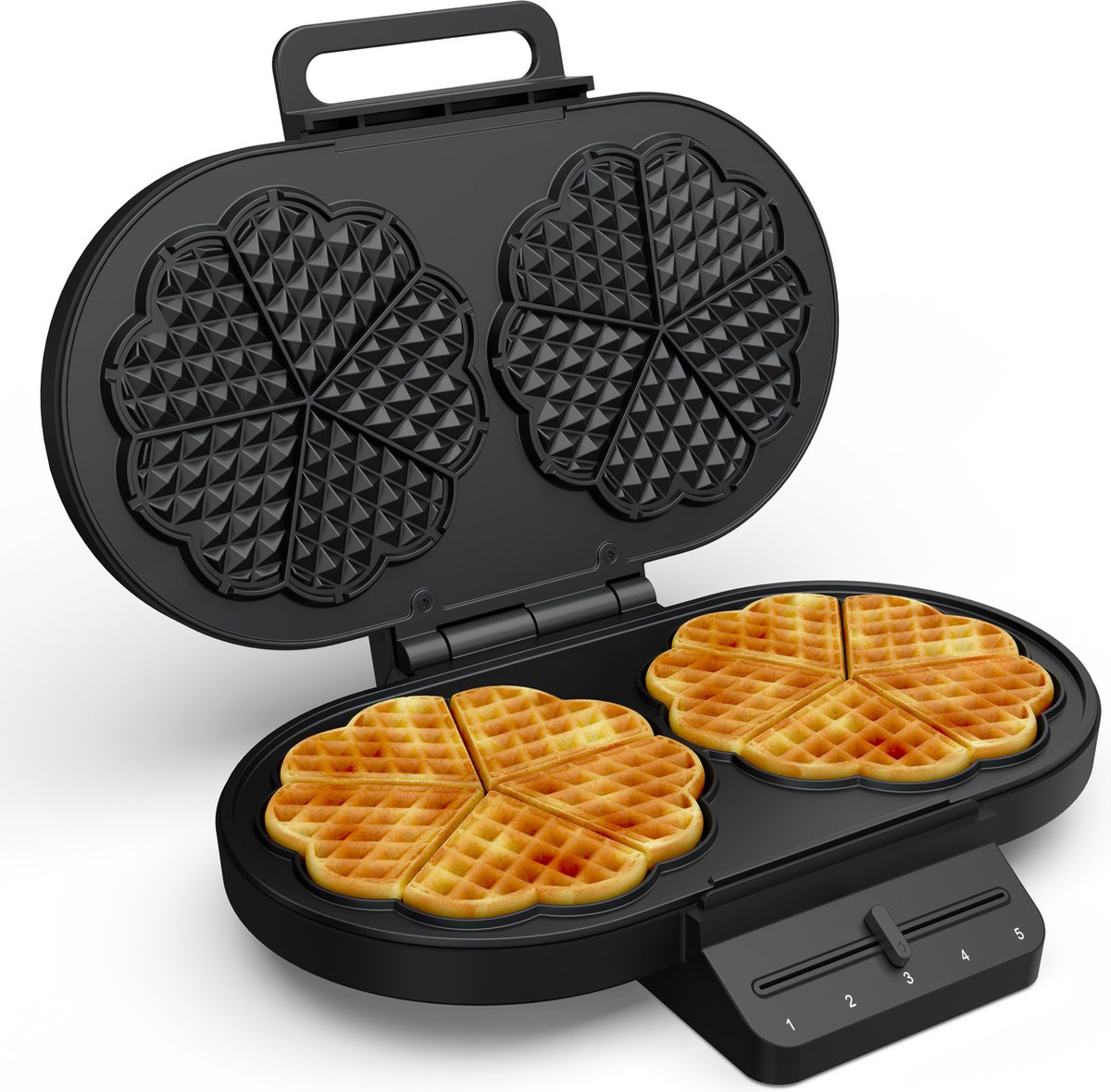 Princess 132384 Dubbel Wafelijzer - 10 hartvormige - 1200W - Regelbare thermostaat- 5 standen - Anti aanbaklaag - PFAS-vrij - Zwart - Gaufrier