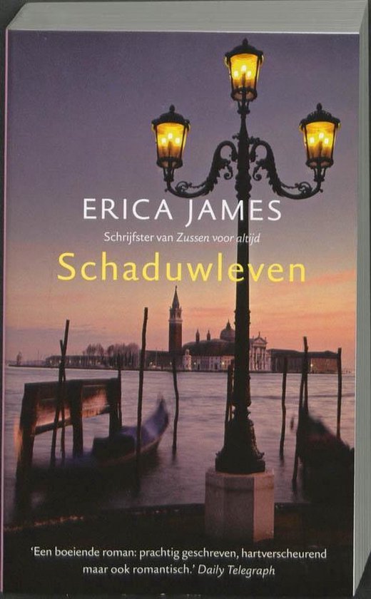 Boekomslag 'Schaduwleven' met een verlichte gaslamp in Venetië bij zonsondergang. Tekst: ERICA JAMES Schaduwleven.
