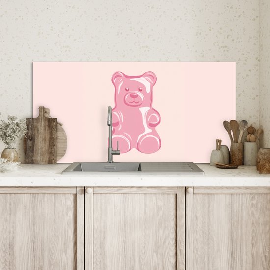 Crédence de Cuisinière en Aluminium 90x45 cm - Ours - Rose - Bonbons - Écran Pare-éclaboussures pour Plaque de Cuisson - Protection Murale