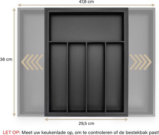 Boîte à couverts noire extensible, 29,5 cm de largeur minimum et 47,8 cm de largeur maximum. ATTENTION : Mesurez votre tiroir.