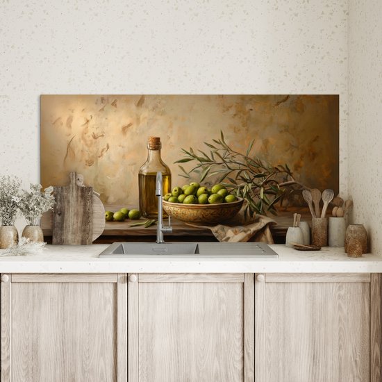 Crédence de Cuisinière en Aluminium 100x50 cm - Olives - Nature morte - Vintage - Écran Pare-éclaboussures pour Plaque de Cuisson - Protection Murale