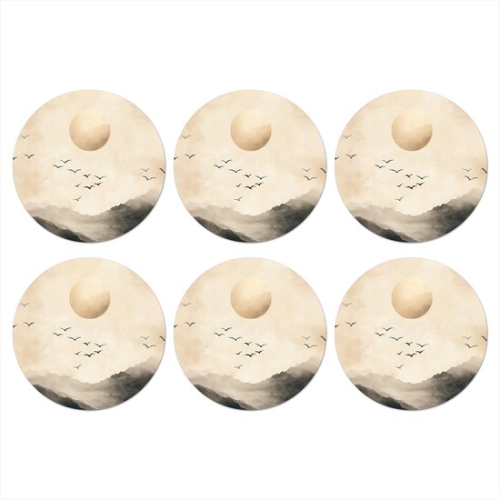 Dessous de verre Paysage - Japandi - oiseau - 10x10 cm - 6 morceaux - Sous pour Verres et Tasses