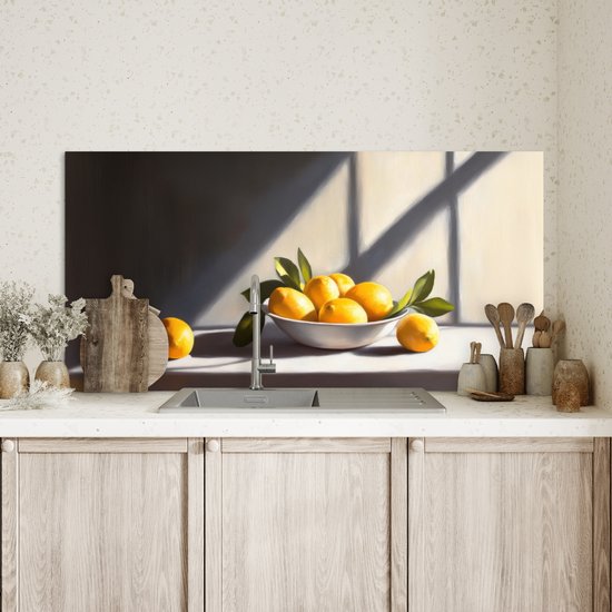 Crédence de Cuisinière en Aluminium 100x50 cm - Citrons - Nature morte - Jaune - Écran Pare-éclaboussures pour Plaque de Cuisson - Protection Murale