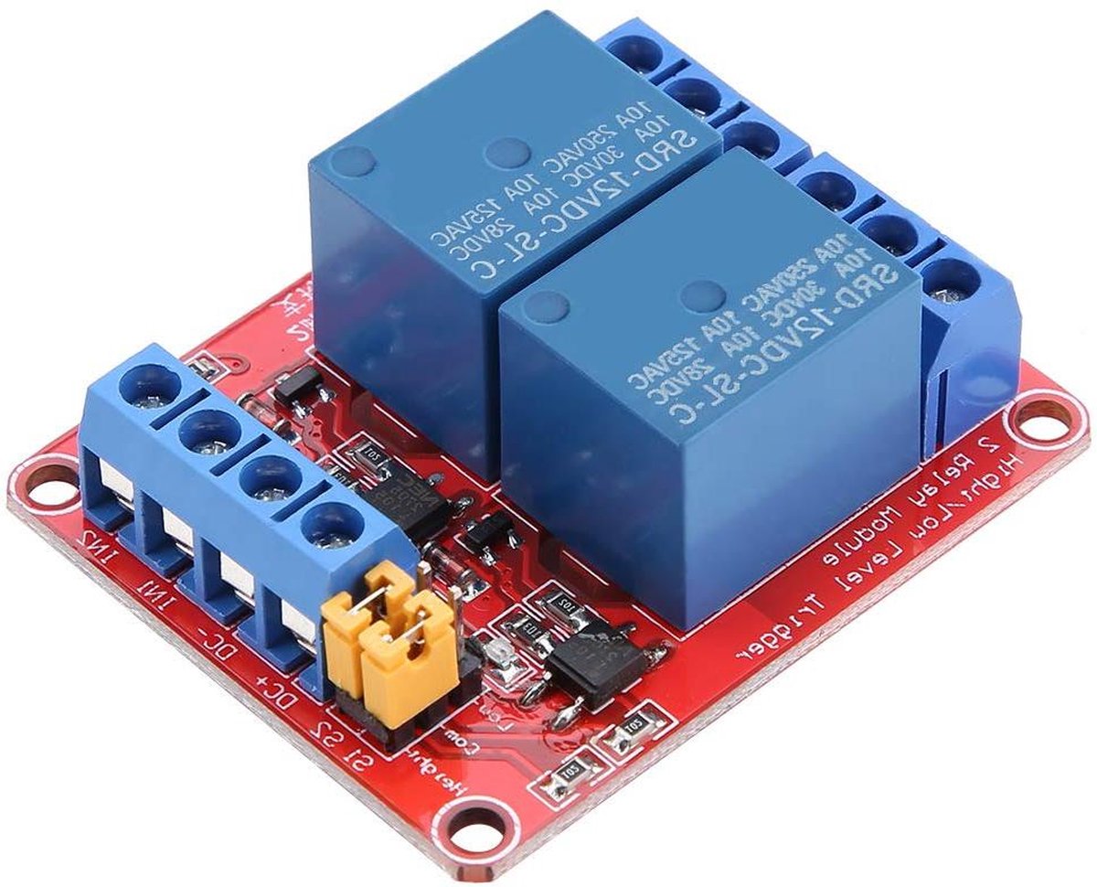 2-kanaals relaismodule met optocoupler-isolatie en trigger op hoog en laag niveau (12V)
