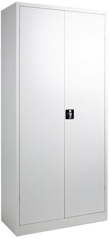 Witte metalen archiefkast met dubbele deuren en een handvat.