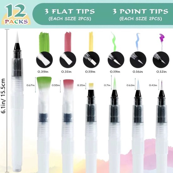 Afmetingen van 12 waterpenselepennen met verschillende platte en puntige tips, variërend van 0,39 inch tot 0,12 inch.