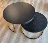Doblo salontafel set - visgraat zwart veneer - 80cm + 60cm - gouden onderstel - Bonita