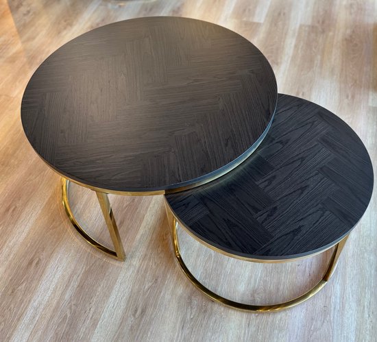Ensemble de tables basses Doblo - placage noir à chevrons - 80 cm + 60 cm - base dorée - Bonita