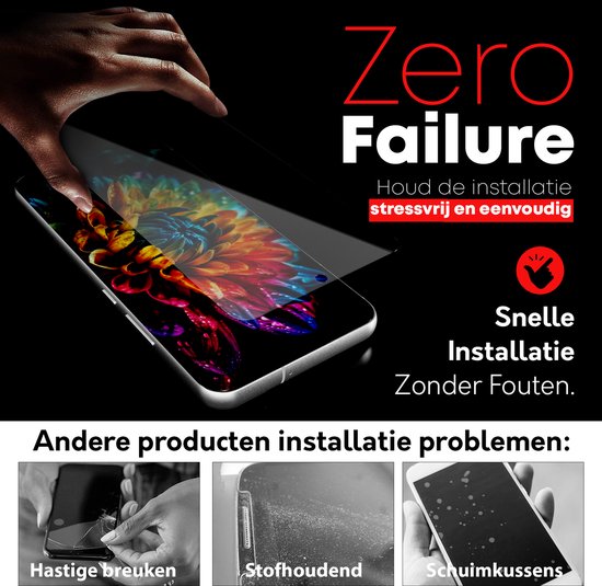 Hand brengt screenprotector aan op smartphone met felgekleurde bloem. Tekst 'Zero Failure' en 'Snelle Installatie Zonder Fouten'.