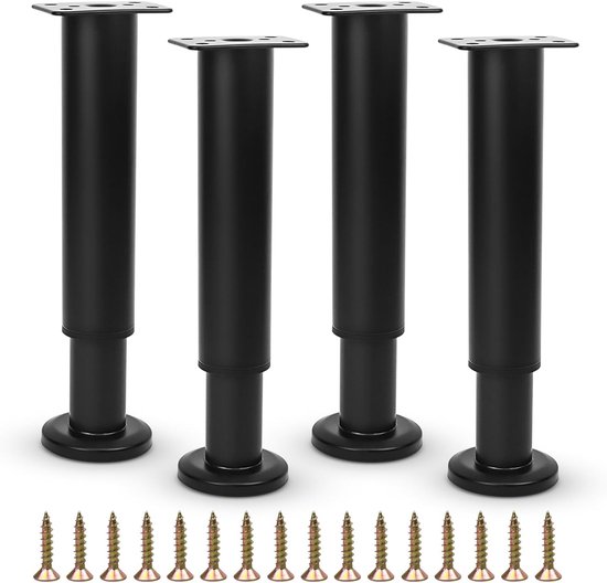 Riobby Bedsteunpoten, verstelbare poten, metalen meubelvoet intrekbare zwaar belastbare bedmiddenframe latsteunpoot voor kast slaapbank frame vervangingsonderdelen 18 cm - 33 cm (zwart 4 stuks
