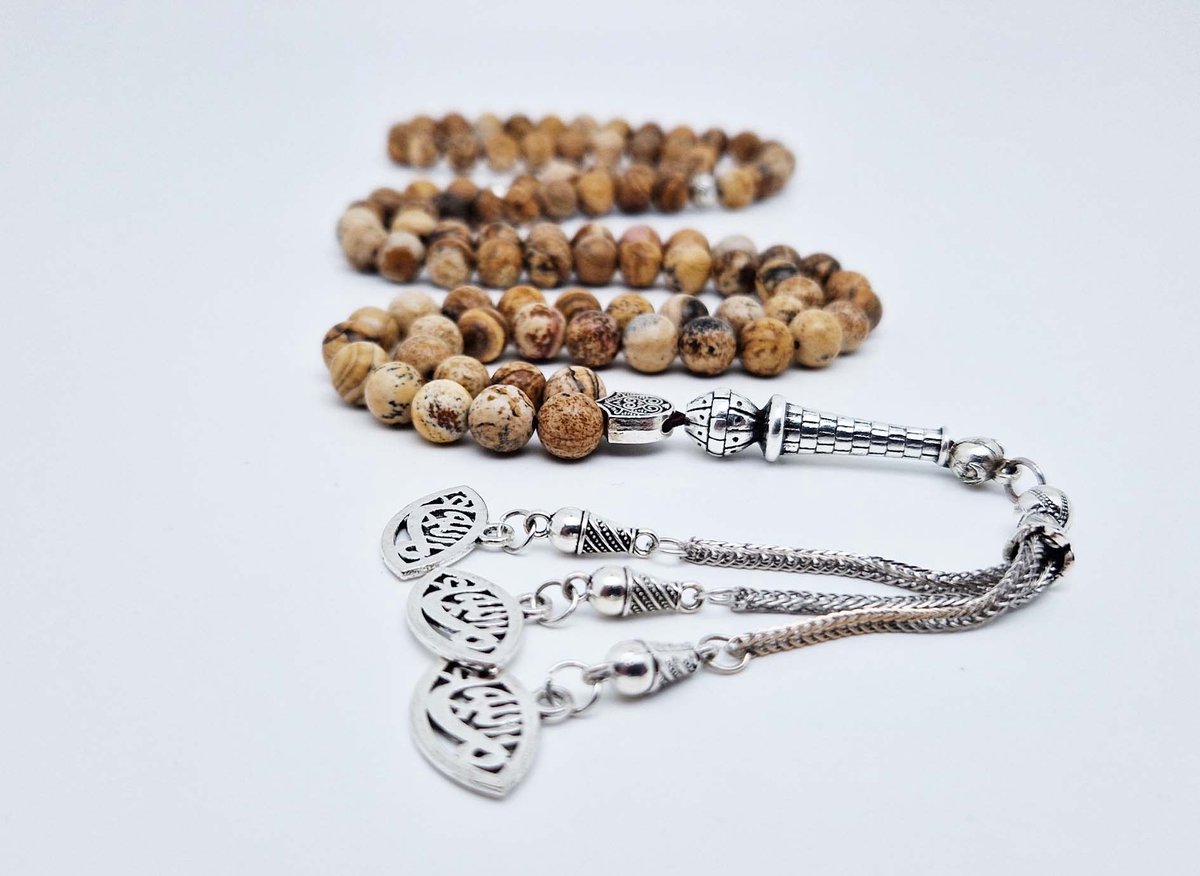 Handgemaakte tesbih "Tasbih" natuursteen "Picture Jasper" - Aantal kralen 99 - Diameter kralen 8MM - met metaal tassel "Ogen" - Een mooi cadeau-idee