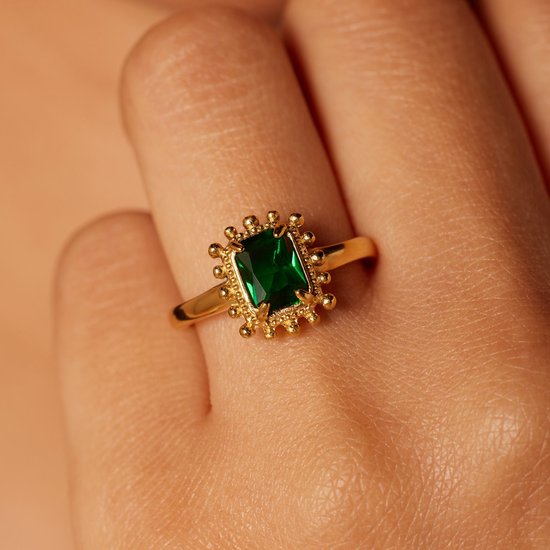 Lucardi Bague vintage femme en acier plaqué or carré vert - Ring - Acier - Doré - 20 / 63 mm