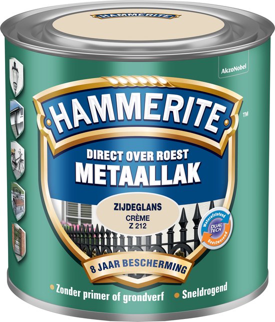 Blik Hammerite Metaallak Zijdeglans Crème Z 212. Met illustraties van hekwerk, fiets en lamp.