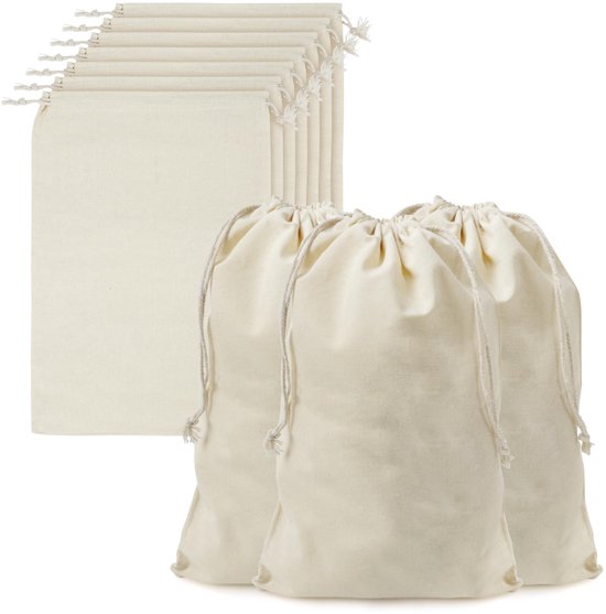 Belle Vous Tassen de Rangement en Mousseline de Coton avec Cordon de Serrage (Lot de 10) - L30 x l20 cm - Tassen en Toile Végétale Réutilisables, Biodégradables & Eco