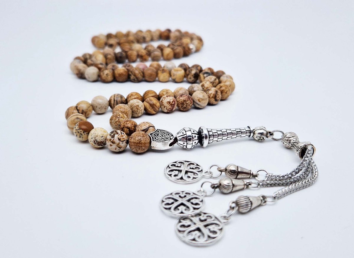 Handgemaakte tesbih "Tasbih" natuursteen "Picture Jasper" - Aantal kralen 99 - Diameter kralen 8MM - met metaal tassel "Arabesk" - Een mooi cadeau-idee