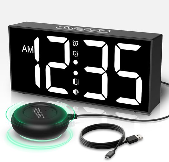 HyperGreen Digitale Wekker met Trilschijf – Extra Luid Alarm, Vibratie, 7,5" LED Display, Dubbel Alarm, Snooze, USB Oplaadbaar – Ideaal voor Diepe Slapers en Slechthorenden – Zwart