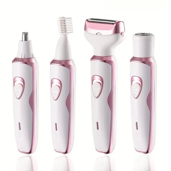 Oplaadbare 4-in-1 Miguan Scheerapparaat voor Dames – Precisietrimmer, Neustrimmer, Baard/Wenkbrauwtrimmer + Full Body Shaver – Pijnloze Ontharing – USB-Oplaadbare Dames Trimmer – Voor een complete en perfecte Lichaamshaar verzorging - Kleur Wit/Roze