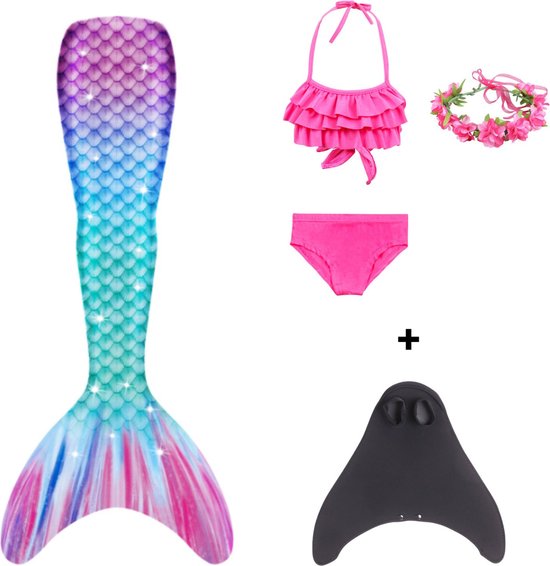 Joya Kids® Zeemeermin bikini verkleed set met MONOVIN | Staart met roze bikini en rozen krans | Mermaid Staart | Prinsessen jurk | Verkleedkleding meisje | Maat 140 | Incl MONOVIN