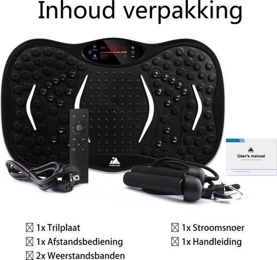 EVOLAND Trilplaat - Trilplaat fitness - Powerplate - Inclusief weerstandsbanden en handvatten - 5 trainingsprogramma's - 99 snelheid niveaus - Met bluetooth muziek - Trainingsapparatuur voor uithoudingstraining - Zwart