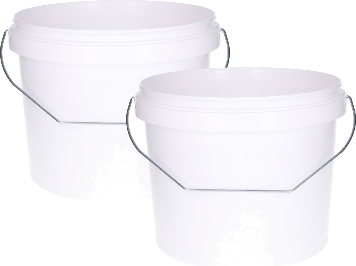 Goedkoopste Emmer met handvat - 2x - met deksel - wit - 5,5 liter - Kunststof/plastic emmer/verfemmer met metalen hengsel/handvat