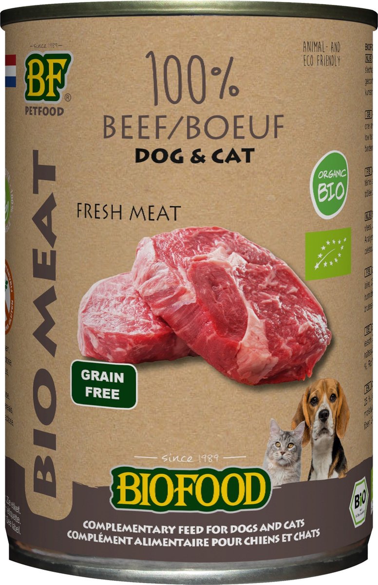 12x BF Petfood Biofood Organic Hond en Kat 100% Rund 400 gr