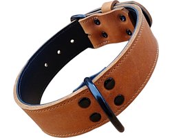 K9 World, honden halsband, cognac bruin leder, dubbel gestikt, 4cm breed, 55-65cm, black edition hardware