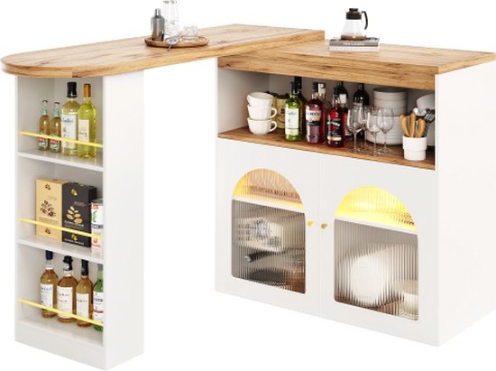 Gotagee Table de bar extensible Table à manger avec espace de rangement Table de bar rotative Table de bistro Table à manger Avec LED (couleur de la lumière réglable) Wit