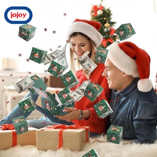 Vrolijk stel met kerstmutsen viert Kerstmis met uitspringende Sinterklaas doosjes en dollars