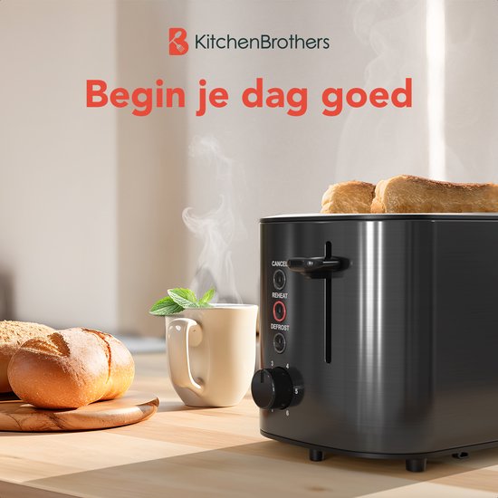 Grille-pain KitchenBrothers - Rétro - Grille-pain - 6 réglages de grillage réglables - 2 fentes Extra larges - 820 W - Bronze/ Zwart