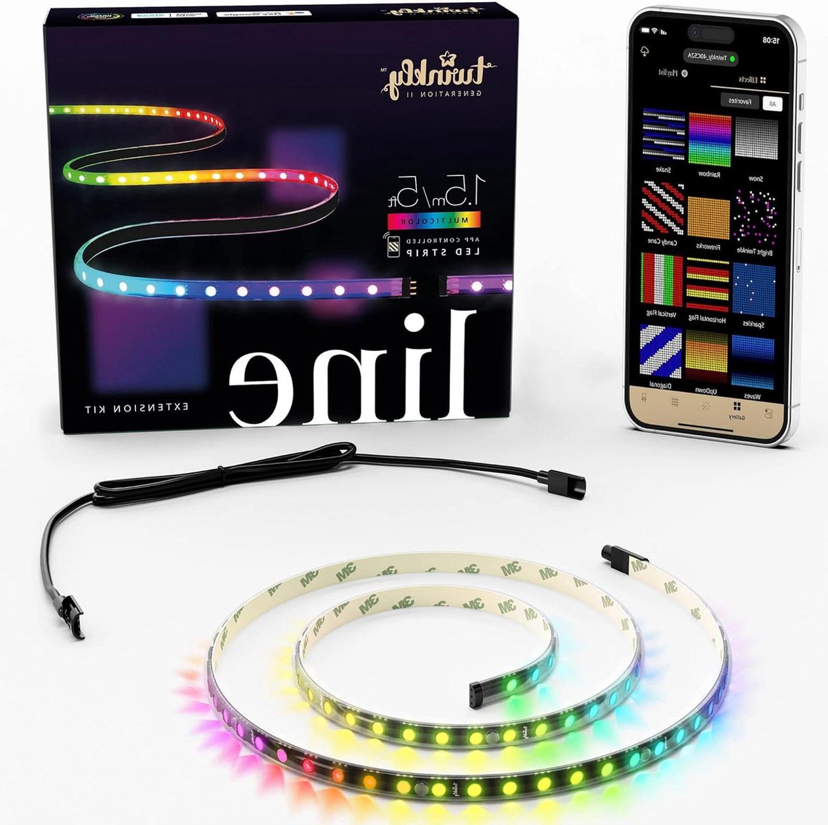 1.5m Magnetische Zelfklevende Multikleur LED Strip - Line Extension Kit - Compatibel met Alexa & Google Home - 16 M+ Kleuren Controle met App - Zwarte Kabel