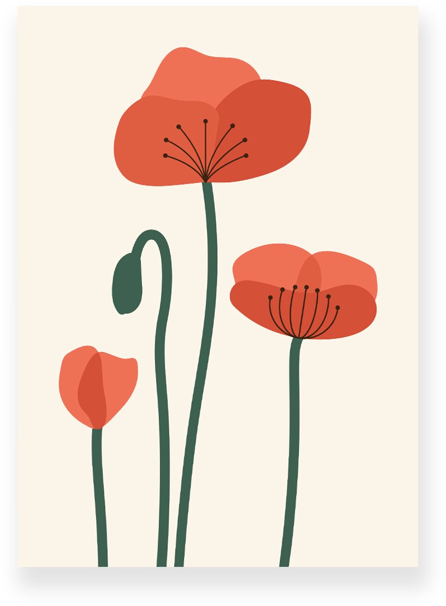 Yisual Poster 30x40 cm - Klaprozen - Bloemen - Planten - Rood - Beige - Minimalistisch - Botanisch - Muurdecoratie - Wanddecoratie