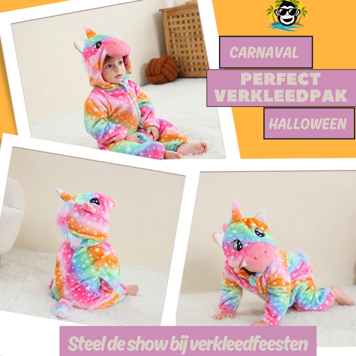 BoefieBoef Unicorn Regenboog Dieren Baby Onesie Peuter Pyjama Kinderen 2-4 jaar 6 maanden tot 2 jaar – Eenhoorn – Verkleedkleding met Luierrits – Voor Carnaval, Kerst- en Kraamcadeau – Flanel - Romper - Boxpak - Jongen - Meisje - Kruippak - Winterpak — afbeelding 4