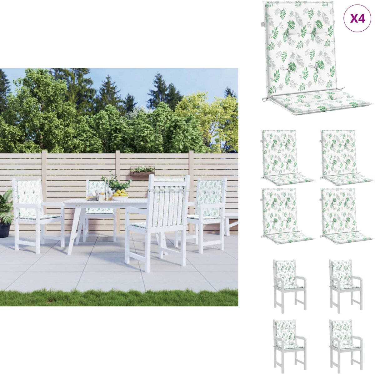 vidaXL Stoelkussens 4 st lage rug gestreept stof wit en blauw, tuinstoelkussen, tuinkussen, tuinmeubelkussen, buitenkussen, terraskussen, zitkussen