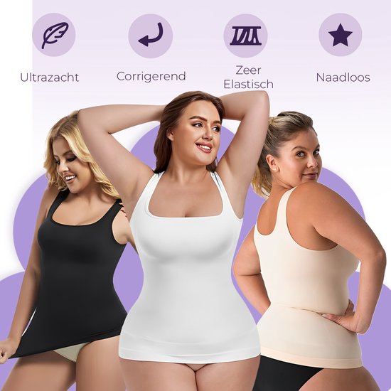 Dames in zwarte, witte en huidskleurige shapewear tops. Met iconen voor zacht, corrigerend, elastisch, naadloos.