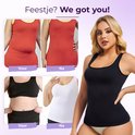 Voor en na foto's van shapewear top in rood en wit. Dames in zwarte tanktop.