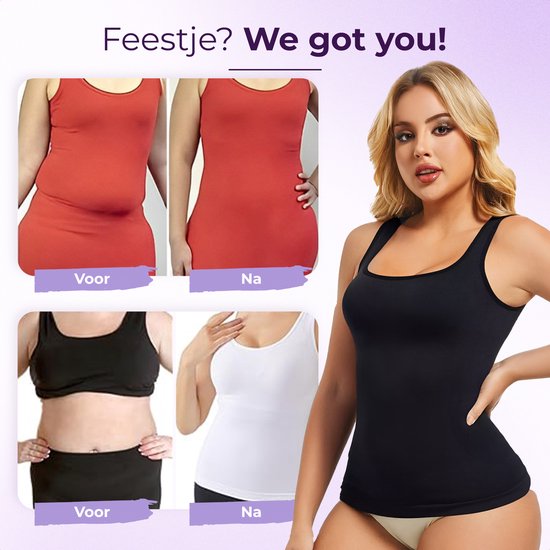 Voor en na foto's van shapewear top in rood en wit. Dames in zwarte tanktop.