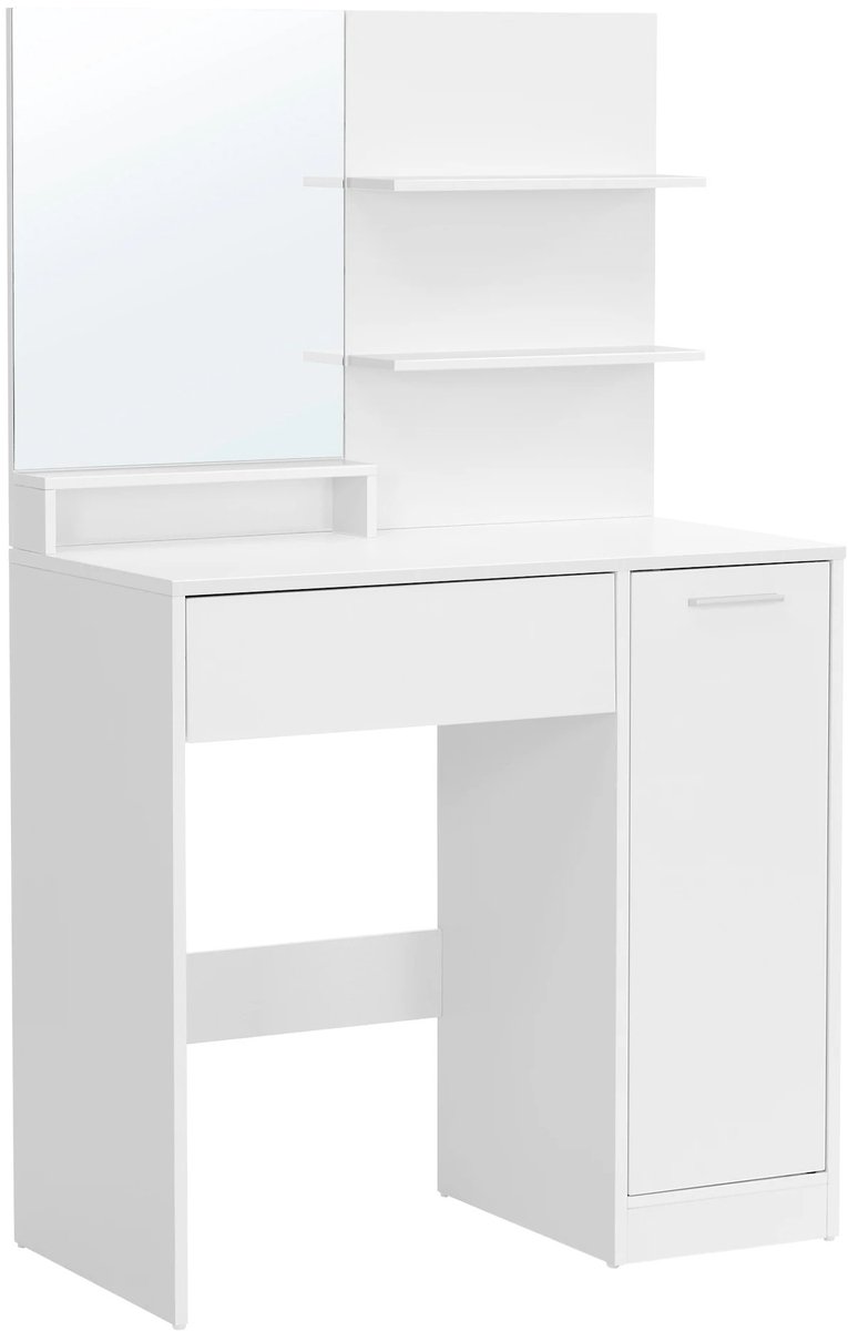 Zivv Make up Tafel - Met Frameloze Spiegel - Wit - 2 Planken, Lade en Kastje - Hout - 80x40x132 cm - Elegante Kaptafel