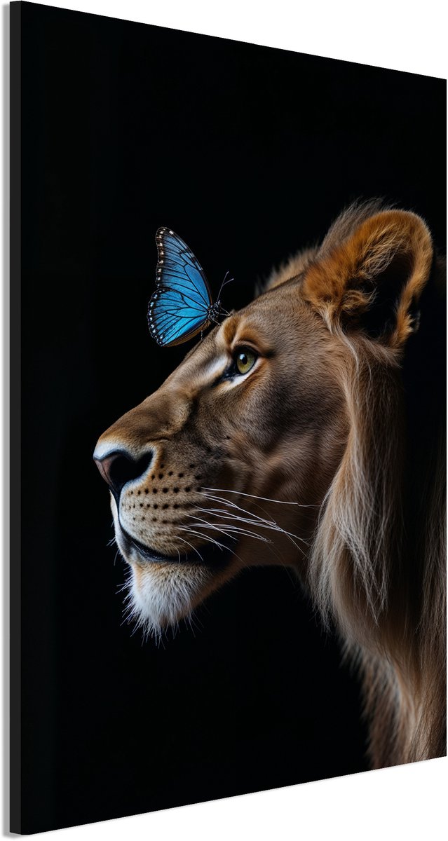 Wanddecoratie Metaal - Aluminium Schilderij Majestueuze stille ontmoeting - 120 x 80 cm - Leeuw - Muurdecoratie woonkamer en slaapkamer - Inclusief ophangsysteem - Portret - Modern - Displate alternatief
