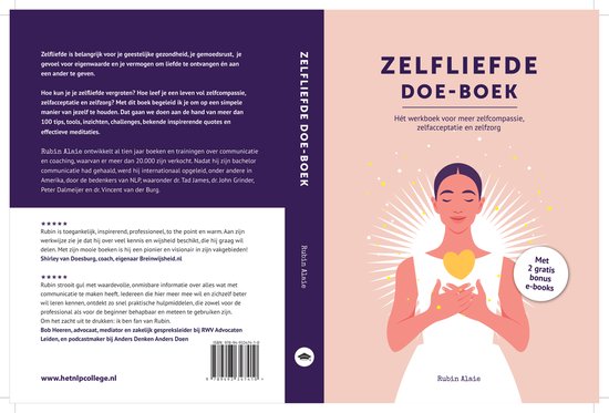 Voor- en achterkant van het boek 'Zelfliefde Doe-Boek' met illustratie en tekst.