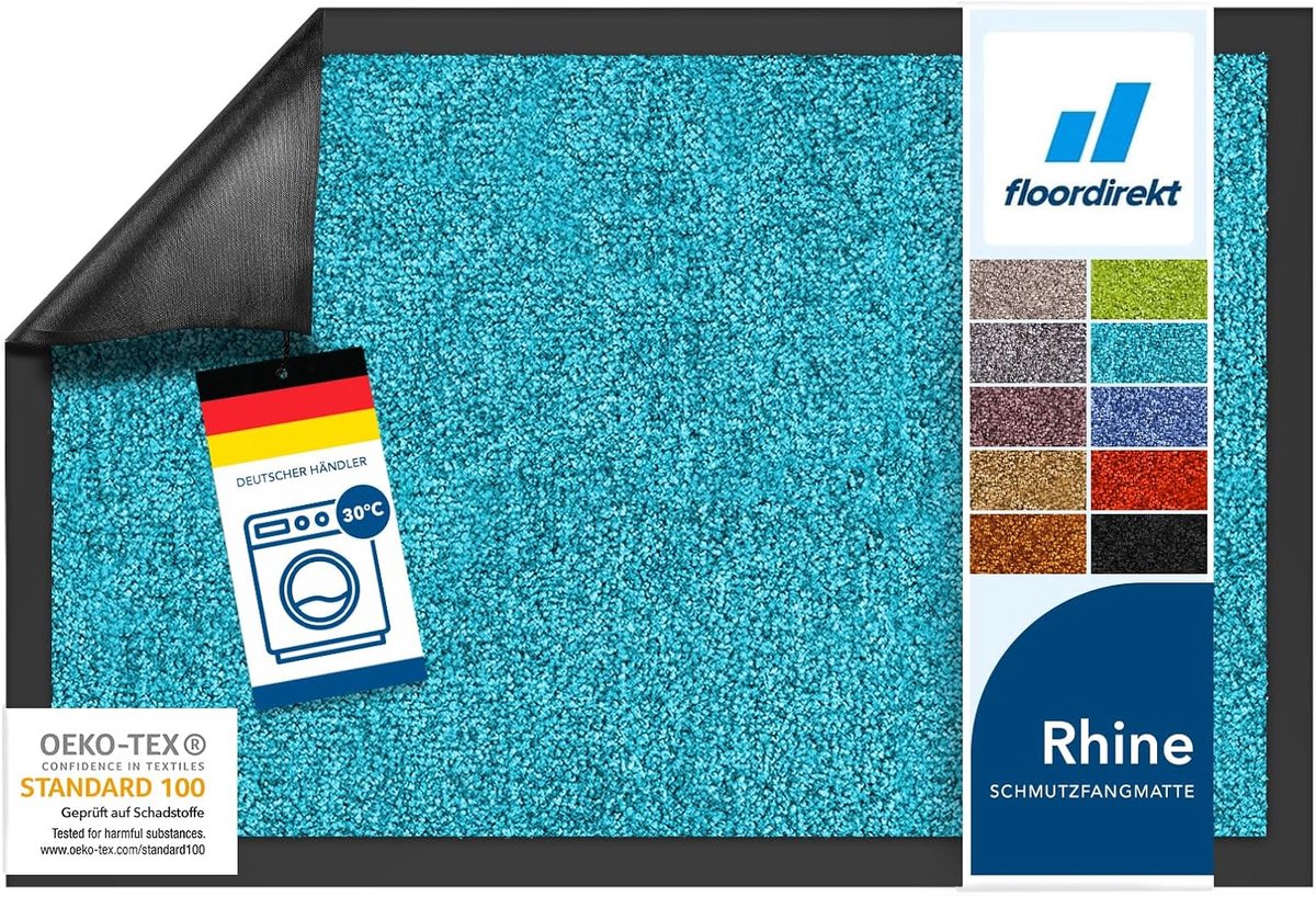 Floordirekt - Schoonloopmat 'Monochroom' | vele maten, vele kleuren | lengte op maat | antislip, wasbare deurmat | 90 x 200 cm | turquoise
