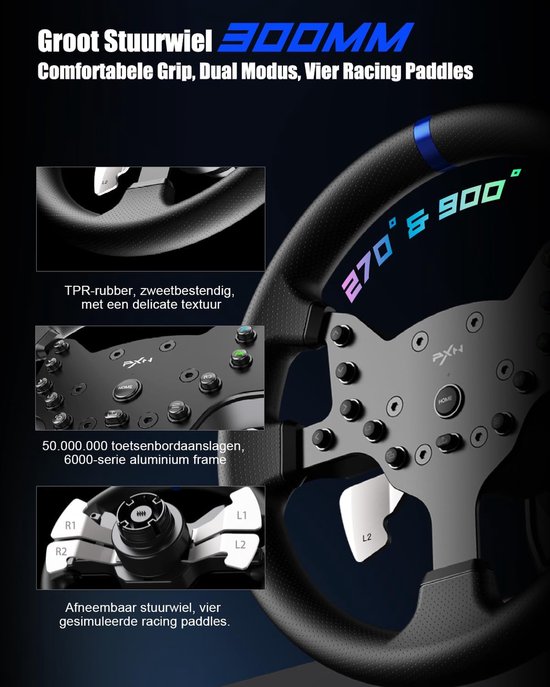 PXN - V99 - High end Race Stuur - Met Pedalen en Shifter - Force Feedback - Game Stuur - Geschikt voor PS4 - Xbox One - PC - Xbox Series X|S - PS3 - Nintendo Switch - Met App van PXN — afbeelding 4