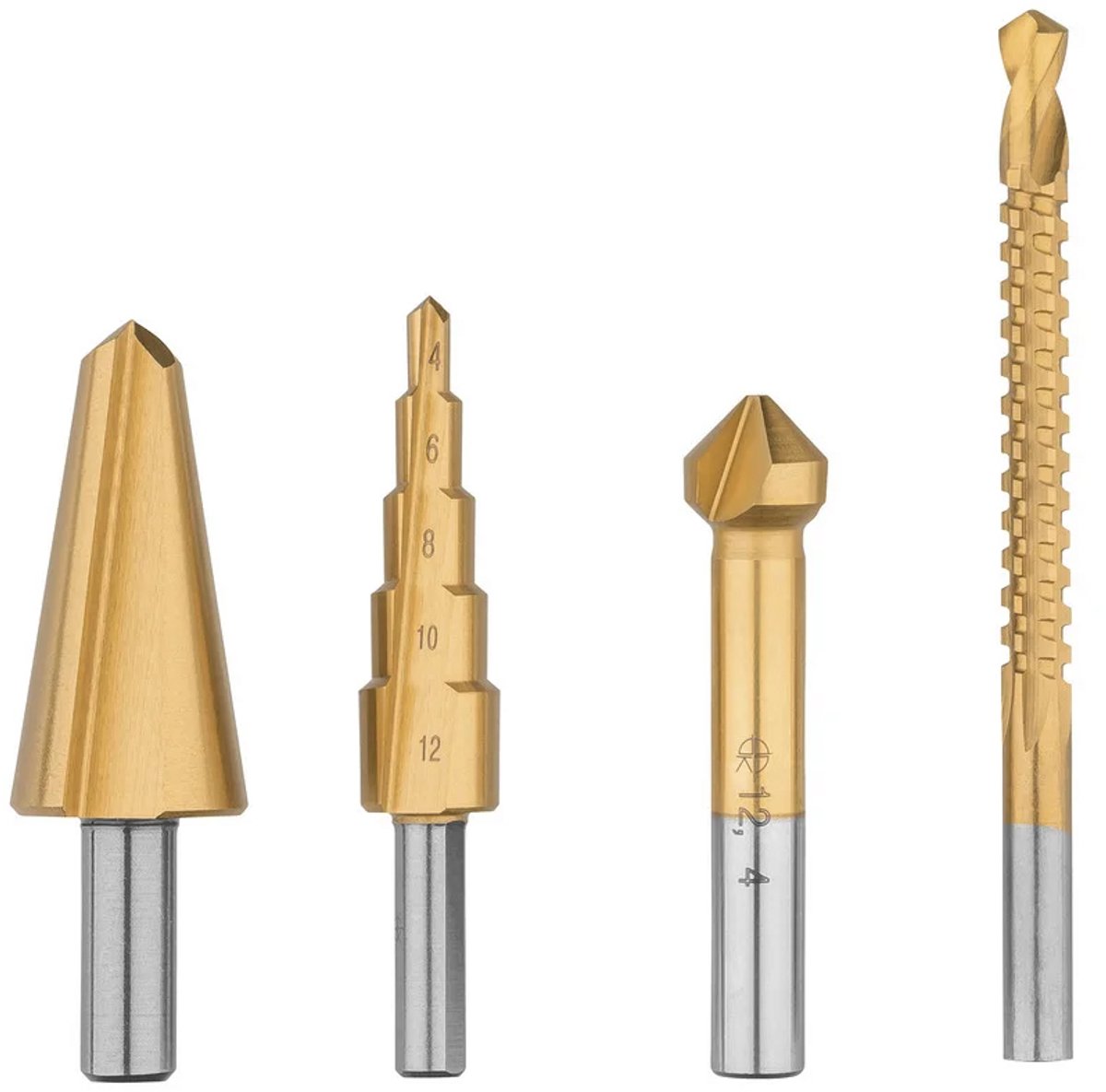 PARKSIDE® Multifunctionele Boren set 4-delig - Plaatschilboor - Trapboor - Freesboor - Verzinkboor voor hout en metaal - Boor van HSS-staal met titanium coating