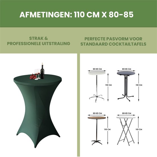 Donkergroene statafelrok van 110 cm hoog en 80-85 cm diameter, passend op standaard statafels. Perfecte pasvorm.