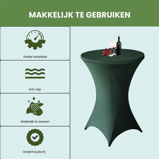Donkergroene statafelrok van dikke stretchstof, 'Makkelijk te gebruiken'. Snel, anti-slip en wasbaar.