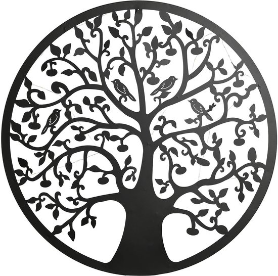 Wanddecoratie - Muur decoratie - Ø 60cm - Levensboom - incl. Led - Zwart - Metaal