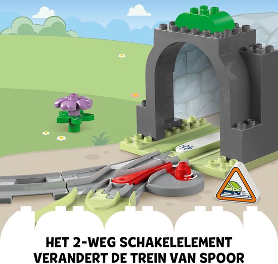 LEGO Duplo treintunnel met een grijze stenen tunnel en een rood schakelpunt.